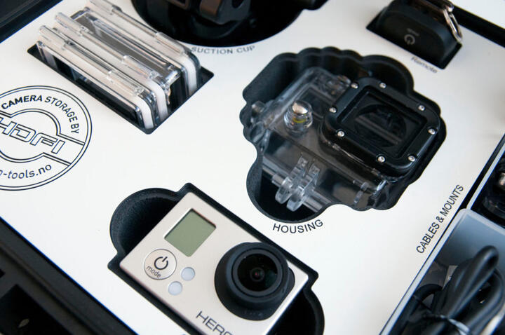Oversikt over GoPro komponenter i blått HDFI skuminnlegg